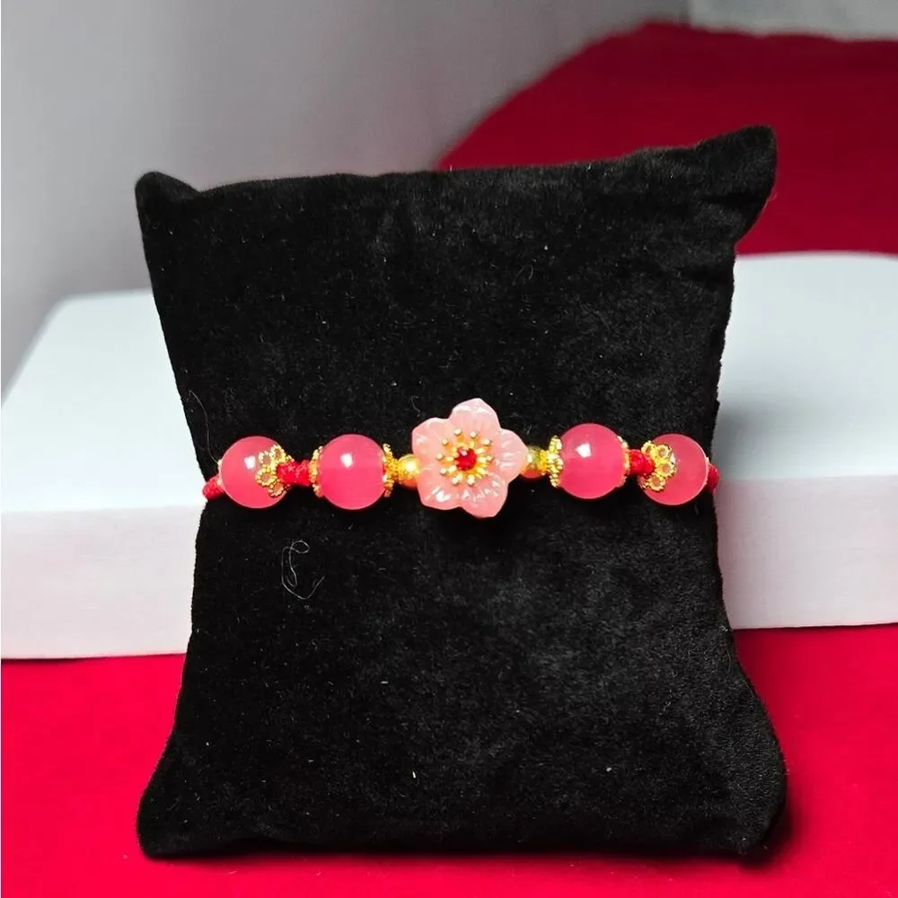 Lucky Red String Flower Bracelet Pink Beaded Adjustable Friendship Gift Feminine